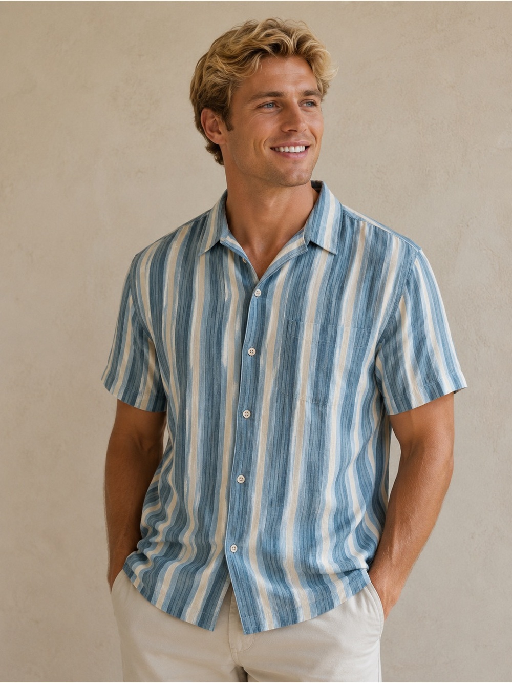 NWT Folk Striped Short-Sleeve Button-Down Shirt - Blue & White large